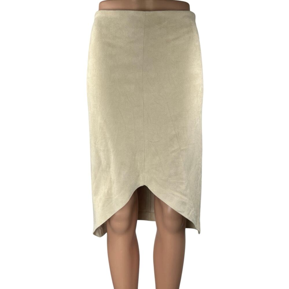 Aqua Beige White High Waist Zipper Asymmetric Knee Length Pencil Skirt Size S